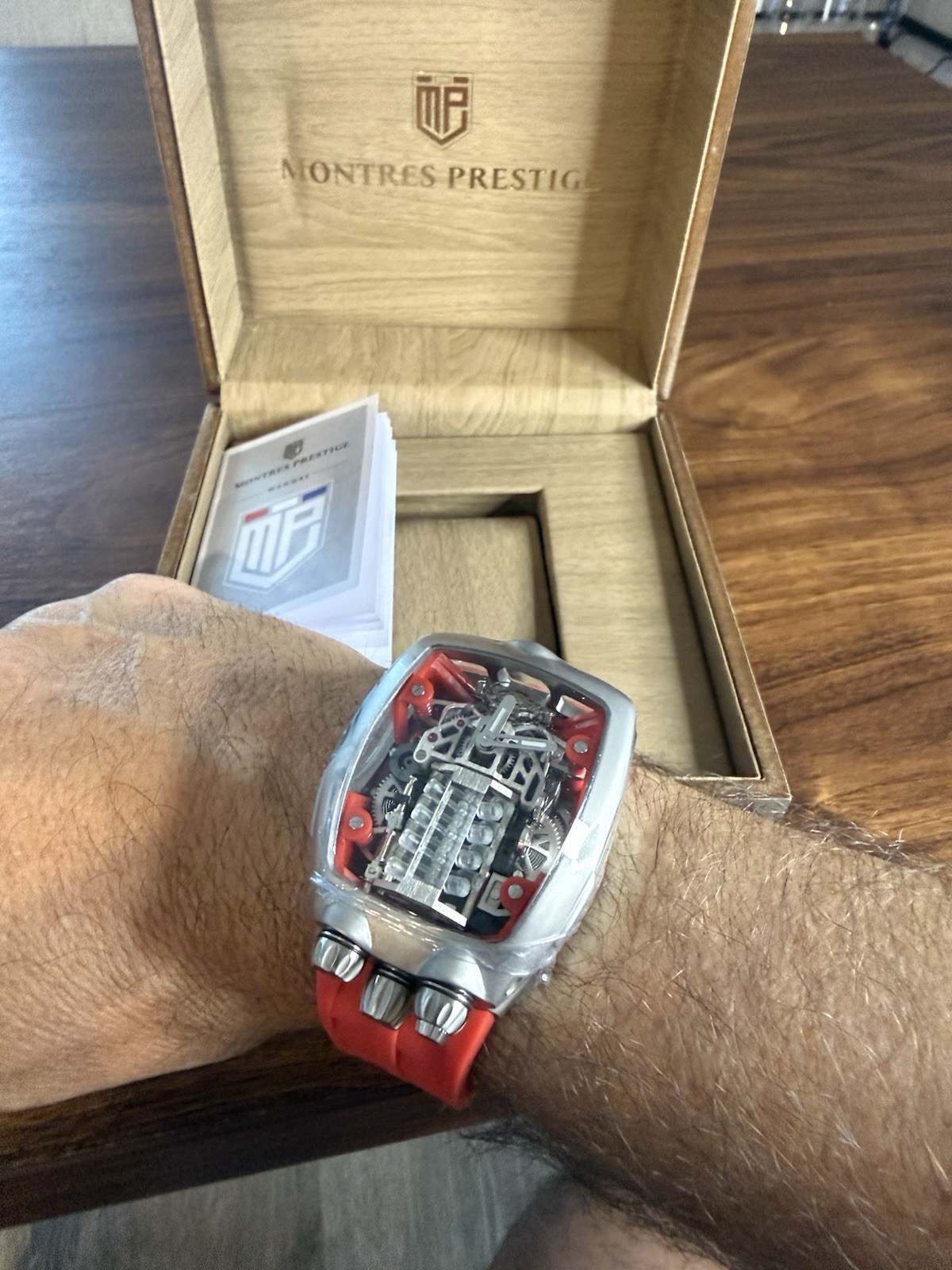 🏎️ Montres Prestige Automatic Skeleton 44mm Red Silicone Strap Watch w/ Box