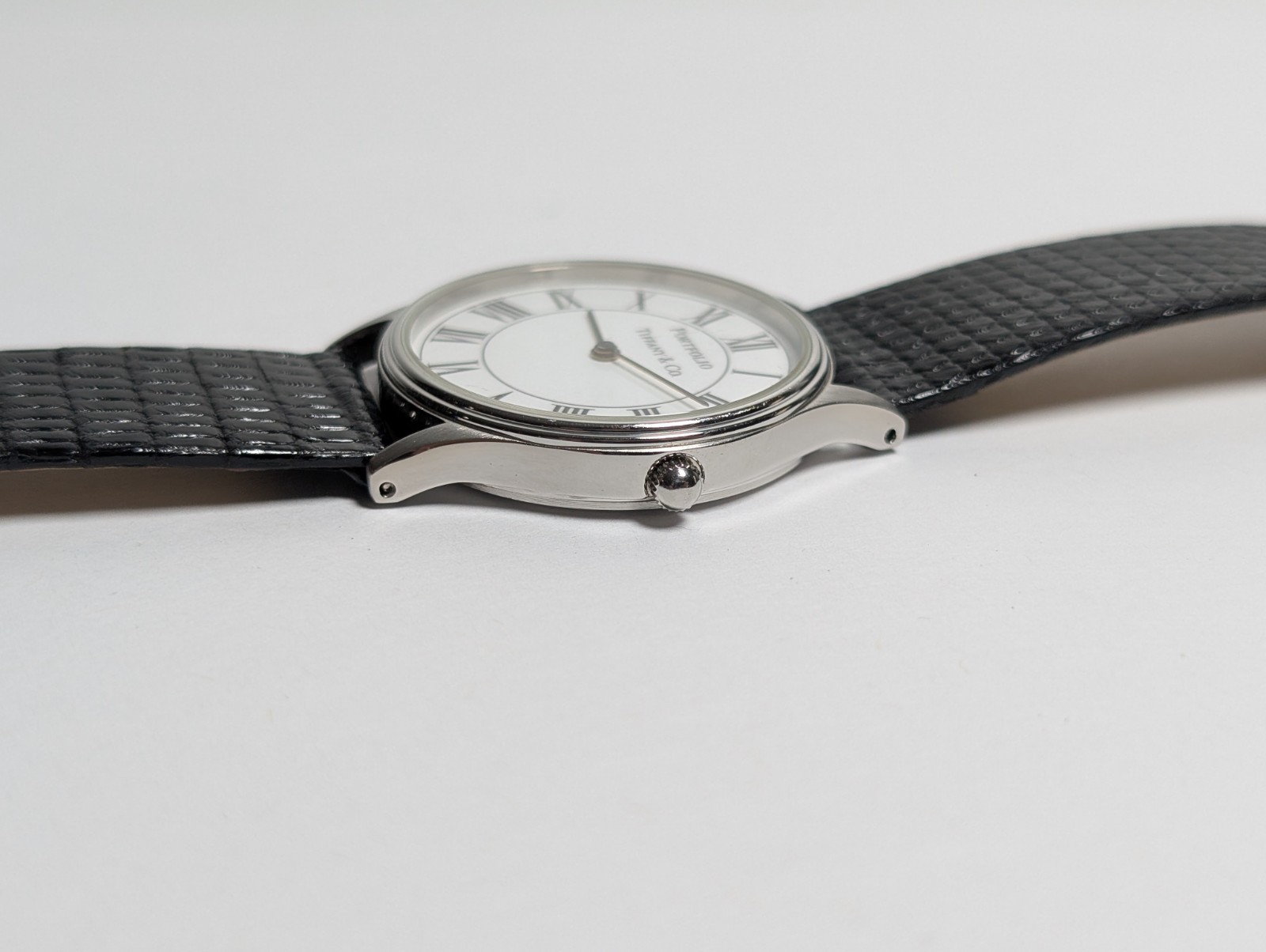 Vtg Tiffany & Co Portfolio Watch White Roman Dial Stainless Steel 33mm Swiss