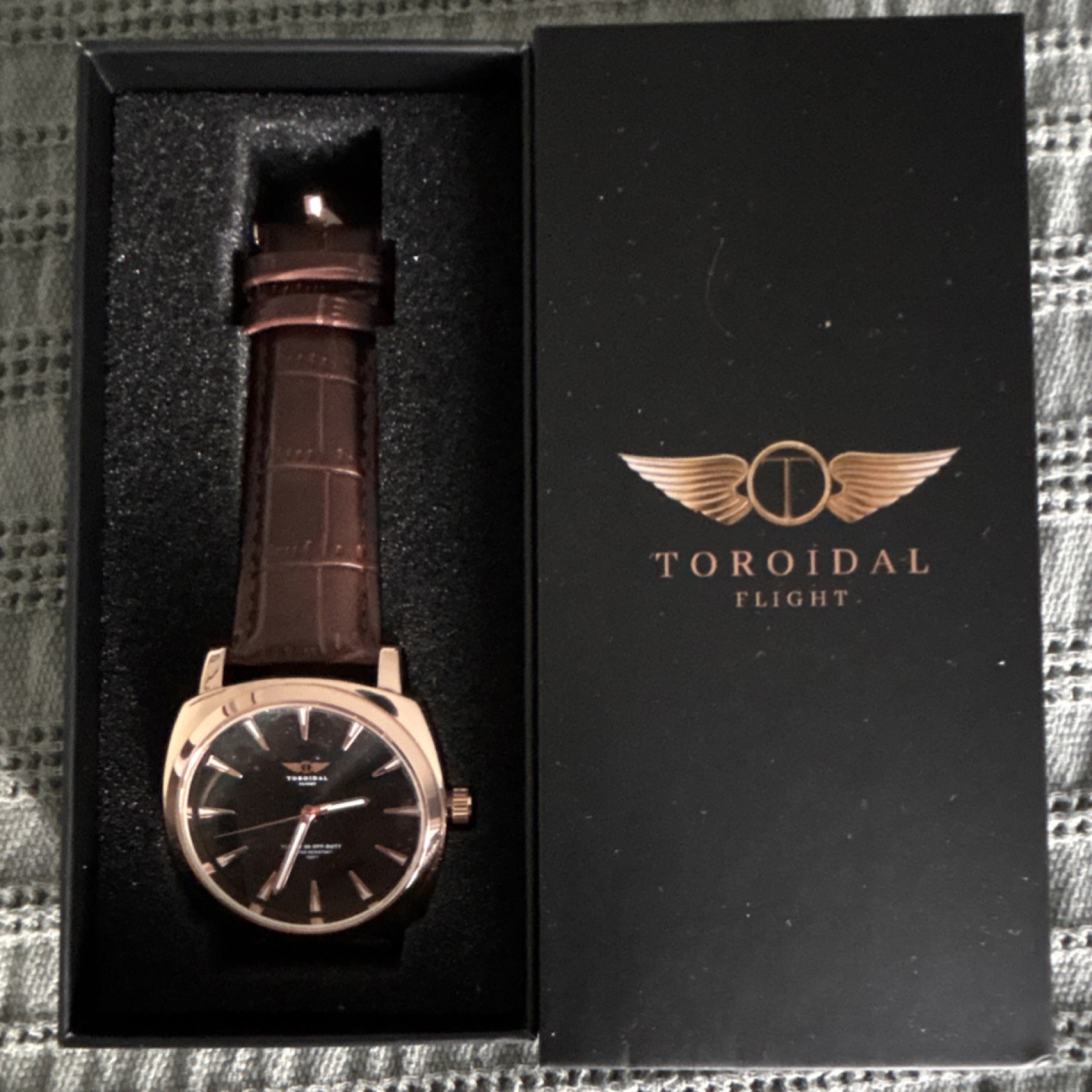 Toroidal Flight Analog Wristwatch Brown Leather Strap Black Dial Gold Case