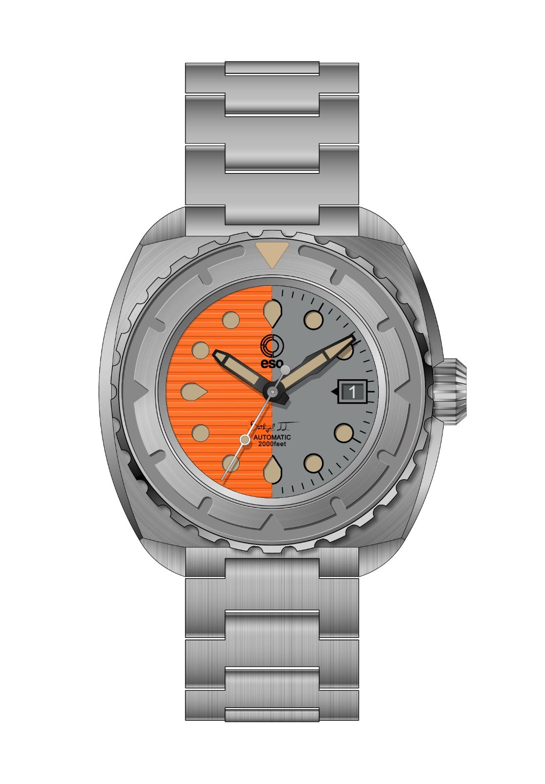 Esoteric Bathyal II Bipolar 44mm Automatic Sapphire 600m Diver Gray Orange Watch