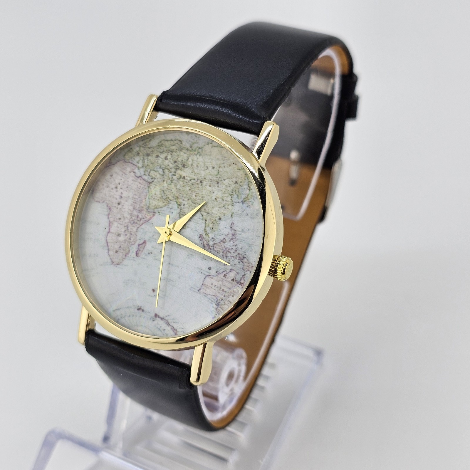 Unisex World Map Watch 38MM Multicolor Dial Black Faux Leather Bands New Battery