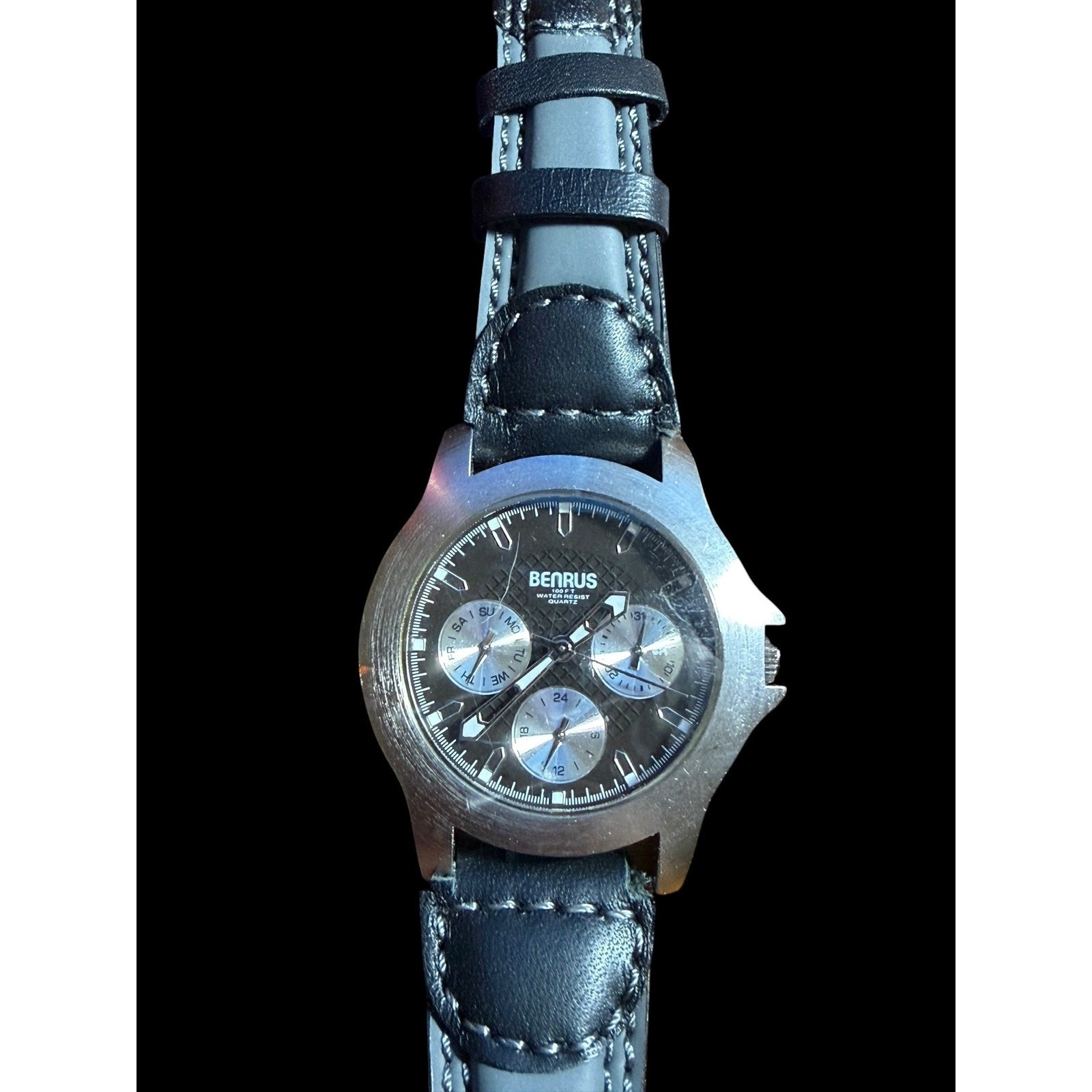 BENRUS B520M 334 Men’s Multifunction Quartz Watch Black Dial Leather Band 100FT