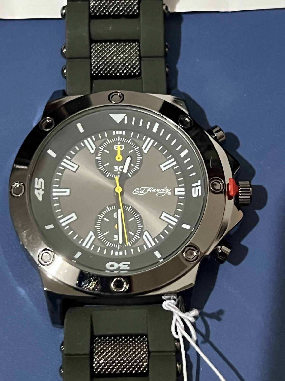 Ed Hardy Quartz Chronograph Watch Black Dial Black Case Rubber Strap Box/Manual