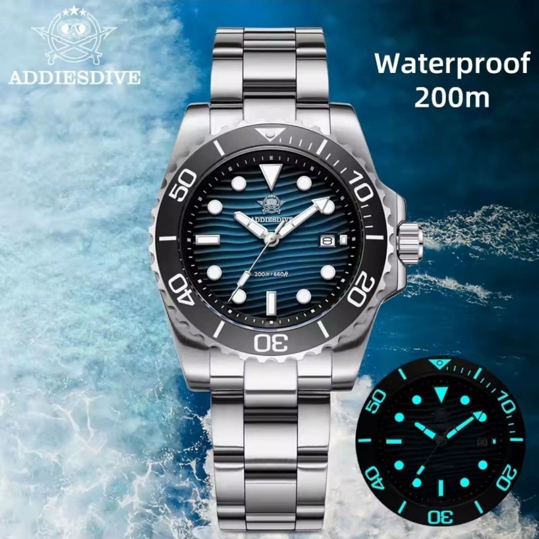 ADDIESDIVE AD2537 Men’s Quartz Diving Watch 41mm 200M Waterproof Blue Wave New