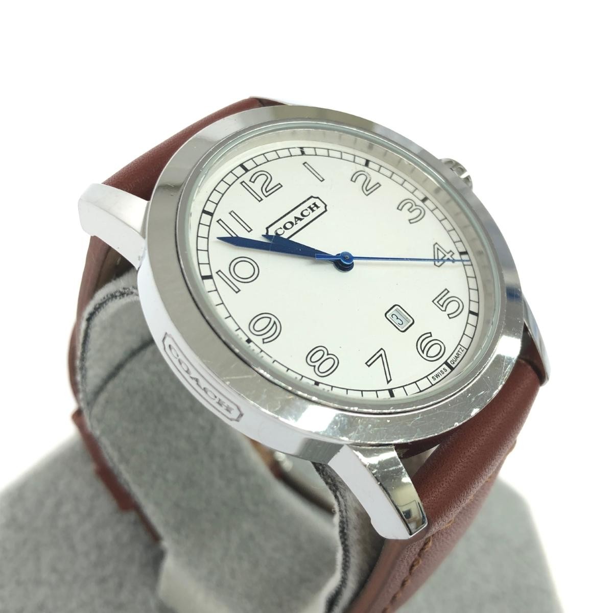 COACH Bleecker Wristwatch Quartz SS Leather Silver Color Brown Ladies Used