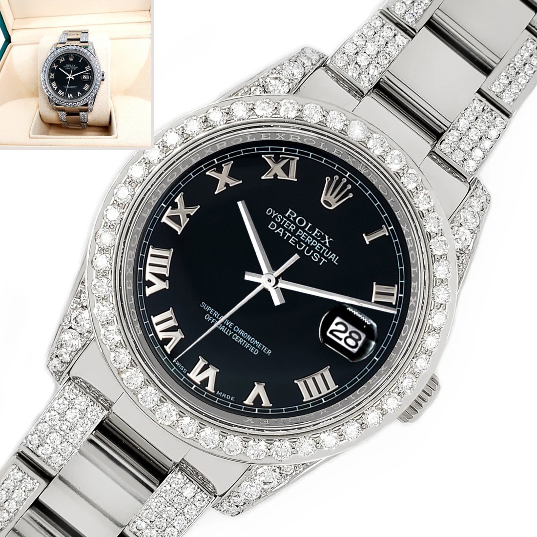 Rolex Datejust 36mm Black Roman w/Custom 5.9ct Diamond Bezel/Lugs/Bracelet Watch