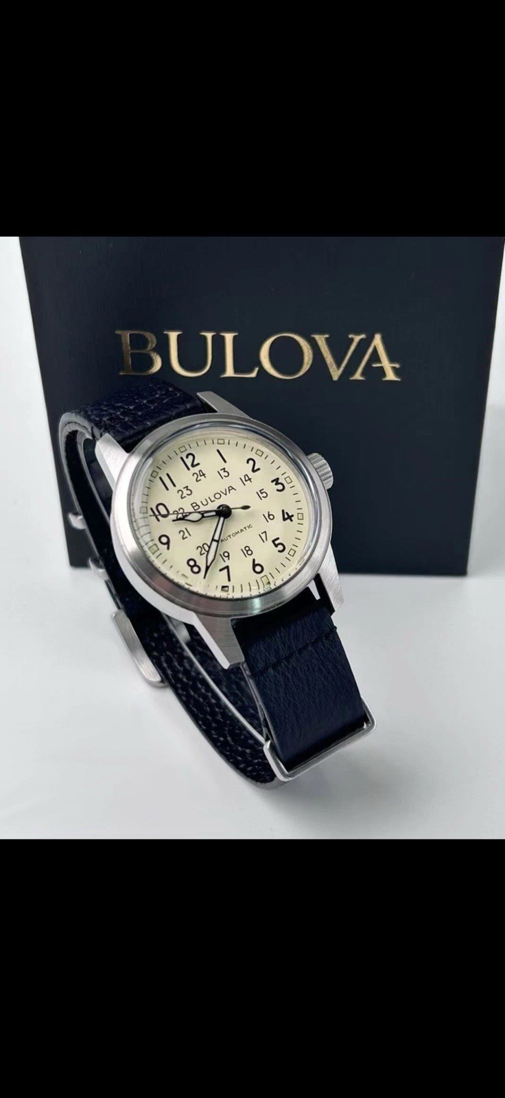 NEW✅AUTOMATIC✅ Bulova Hack Cream Dial Black Leather Strap Men’s Watch 96A246