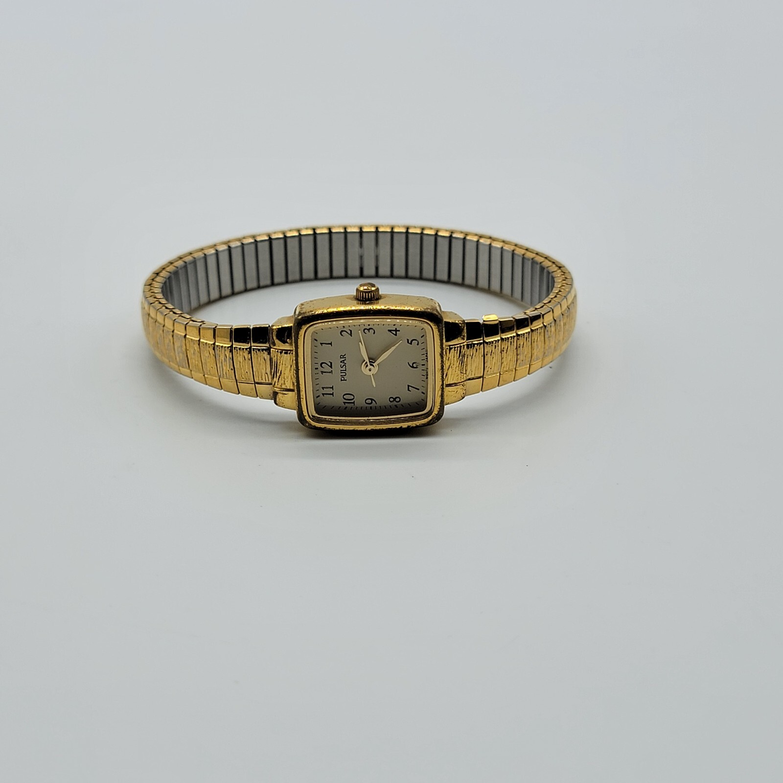 Pulsar Women Watch 17mm Rectangle Dial Gold Tone Classy Stretch Band 6.5″