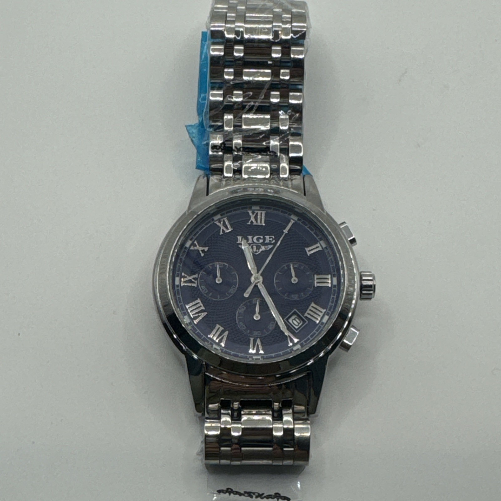Lige 42mm Silver Tone Blue Dial Quartz Chrono Date Watch w/Bracelet New R