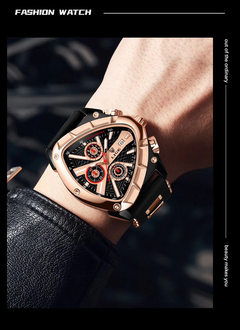 LIGE Fashion Men Watch Triangle Chronograph Military Wristwatch Sport Army Mens