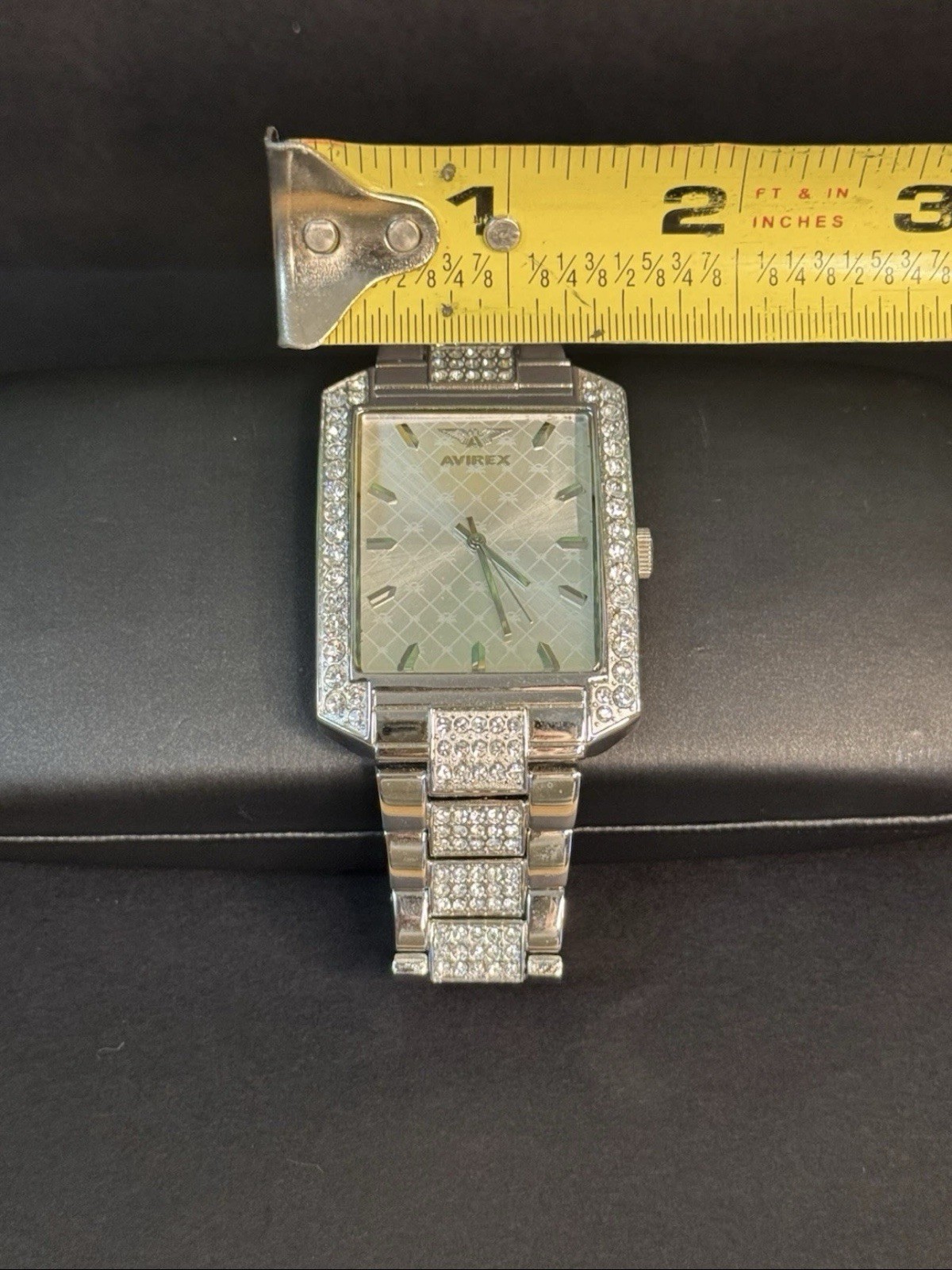 Avirex Men’s Rhinestone Watch – Silver Tone Rectangle Face Bling Iced Out