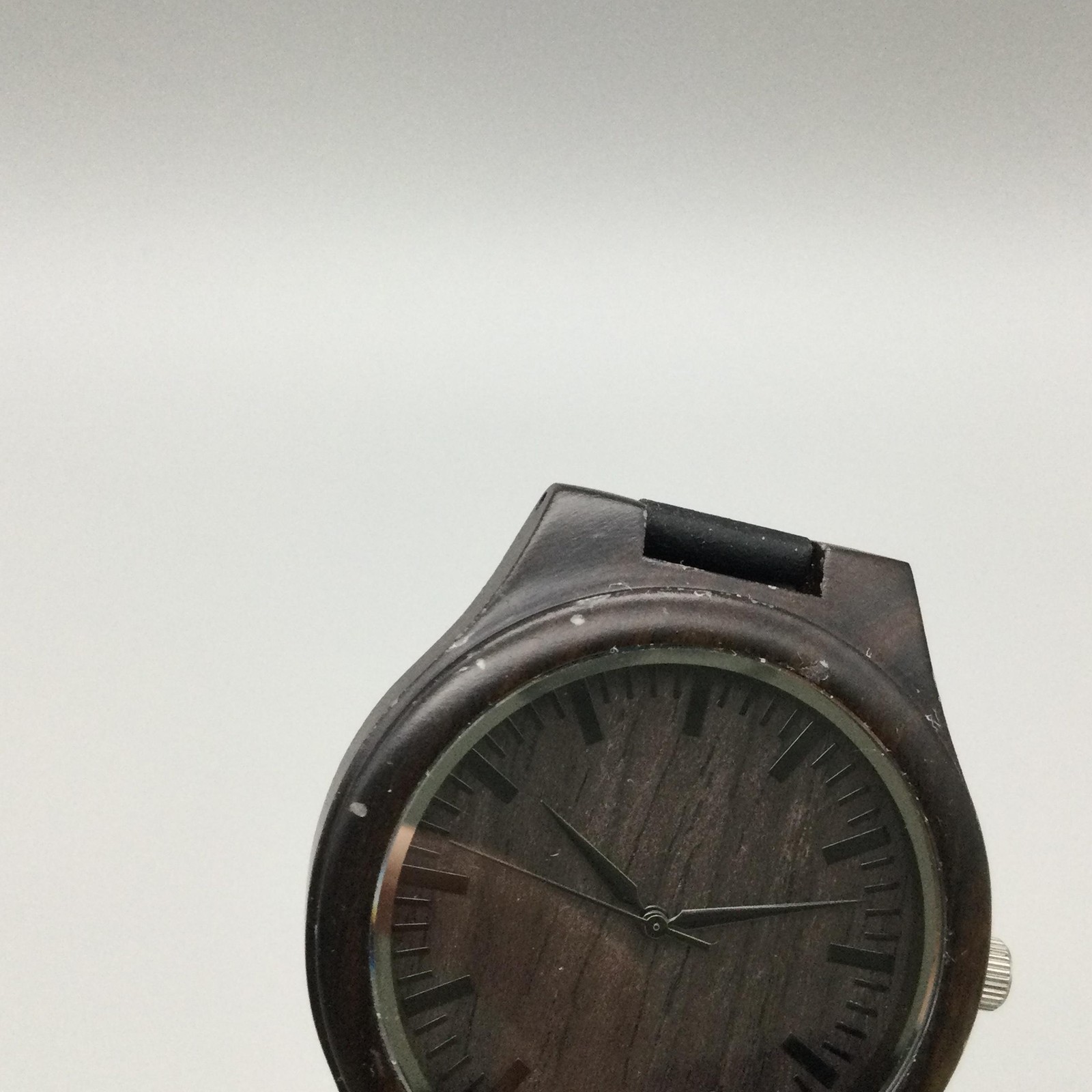 Mens Watch 45mm Dark Brown Stained Wood Case Brown Dial Black Leather Band