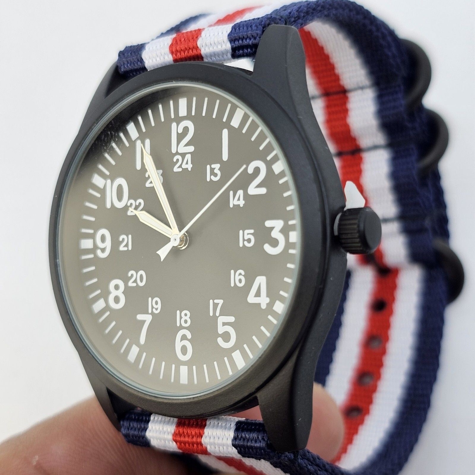 Field Men’s Watch 42MM Black Case Dial Blue White Red Canvas Band Straps NewBatt
