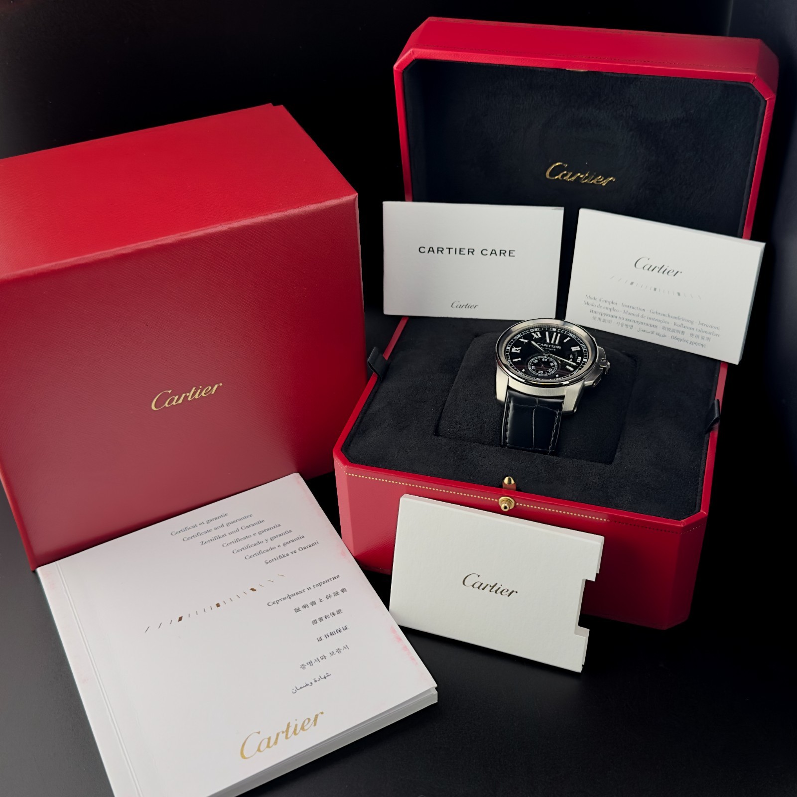 Calibre de Cartier 42mm Steel Black Dial Automatic Watch 2017 W7100041 Full Set