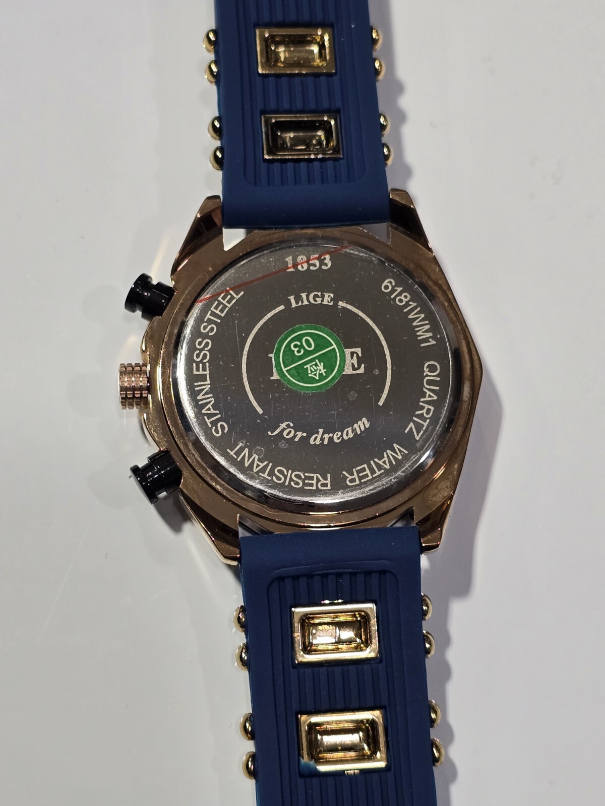 LIGE 1853 DREAM QUARTZ MEN’S WATCH, RUBBER BLUE BAND WITH STAINLESS ACCENT, NWT