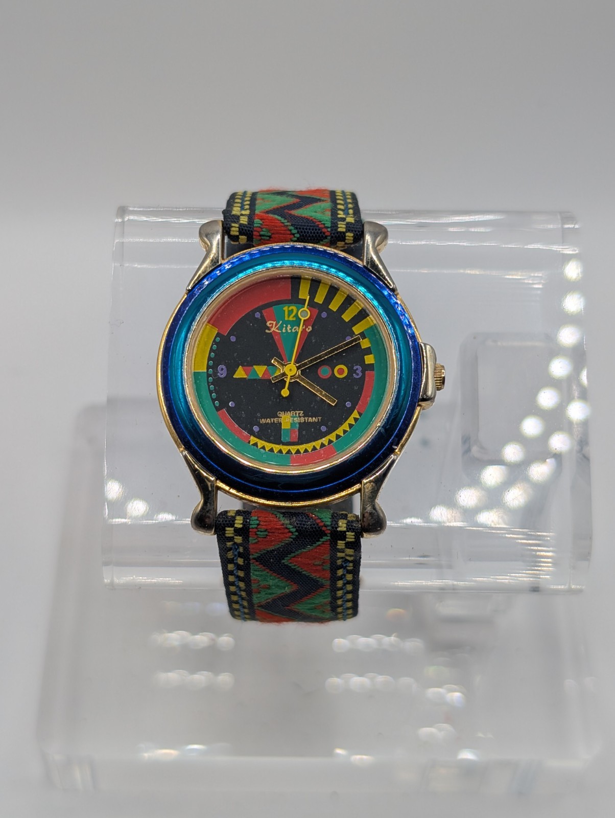 Vintage Kitaro Watch Colorful Pop Art Dial Woven Tribal Strap Blue Bezel 35mm