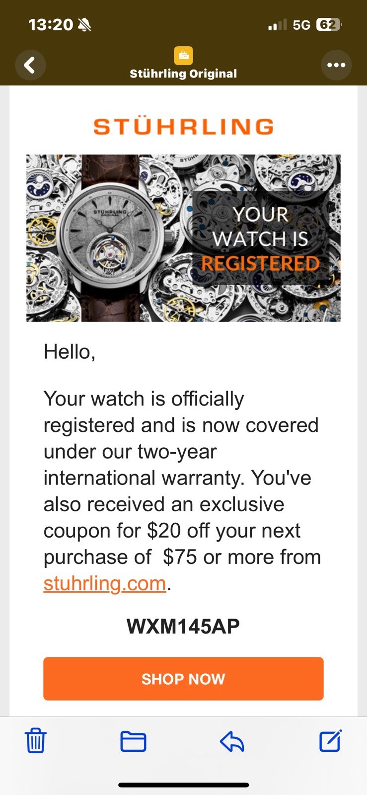 stuhrling original , water resistant, 2 years manufacturer Warranty