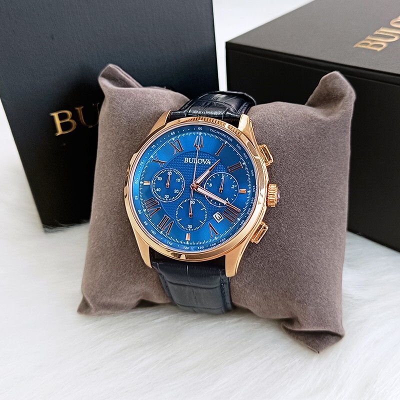 Men’s Bulova Wilton Blue Classic Chronograph 97B170 Quartz Leather Watch 46.5mm