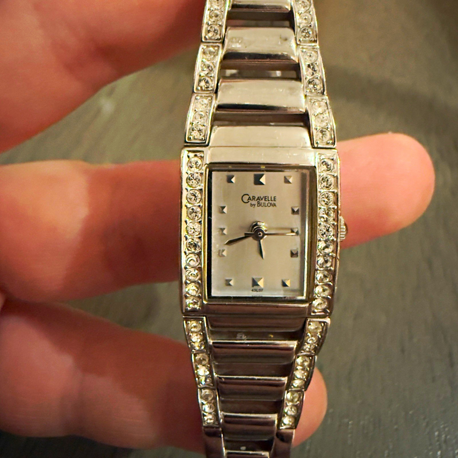 Caravelle by Bulova Women’s Quartz Dress Watch Rectangular Silver Dial Crystal