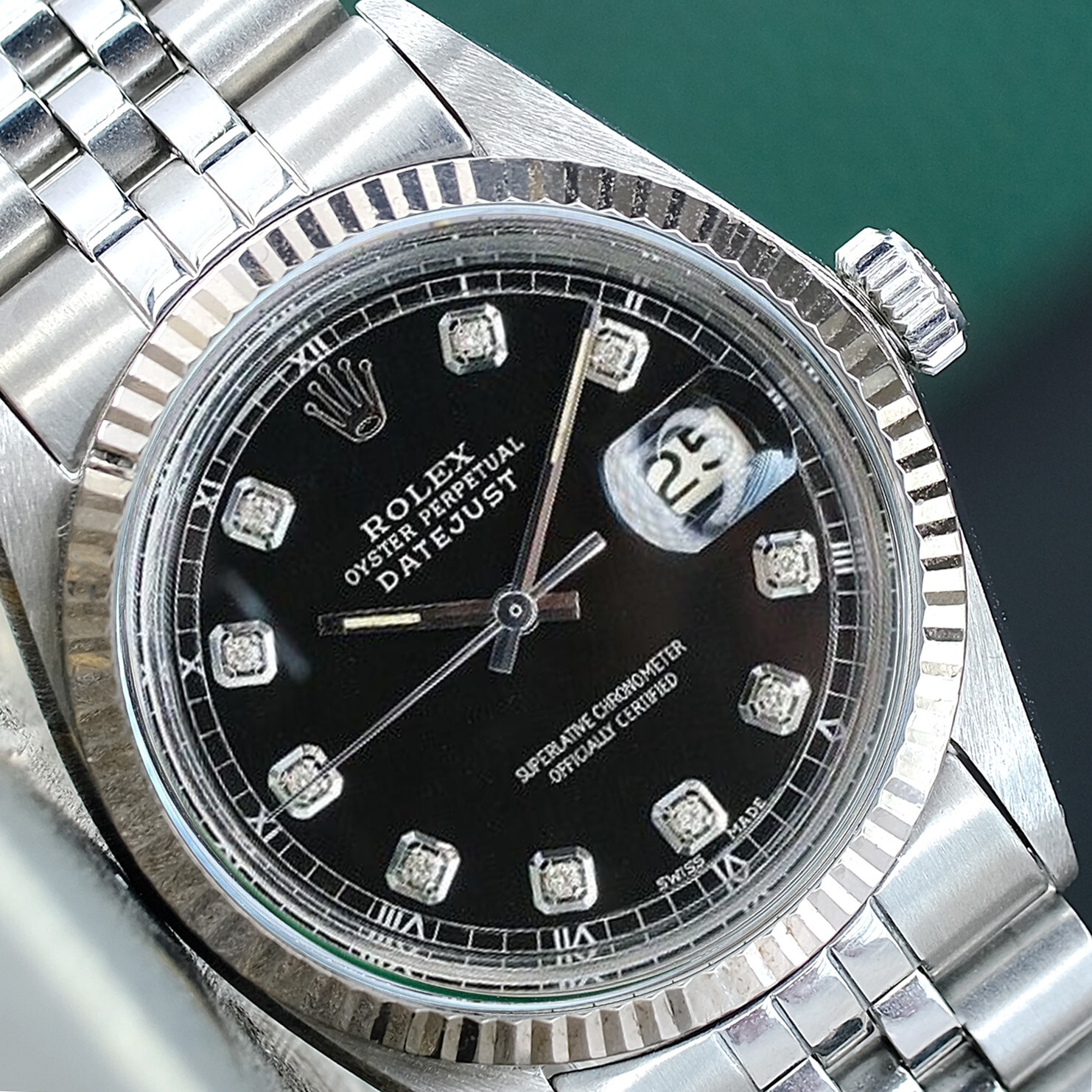 ROLEX MENS DATEJUST WATCH BLACK DIAMOND DIAL FLUTED JUBILEE BAND 36MM 1601