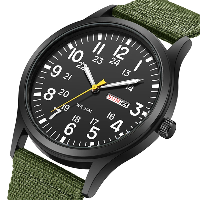 TPW Field Watch Quartz Movement Easy Read Dial 24 Hour Display Fabric Strap