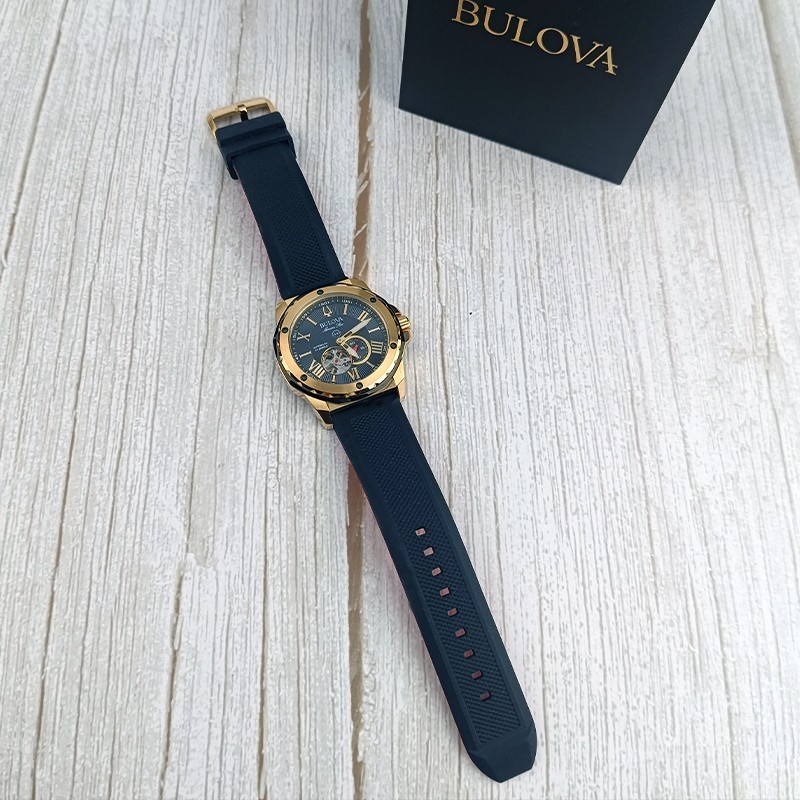 Bulova Marine Star A Automatic Black Gold Dial Black Strap Men Watch 45mm 98A272