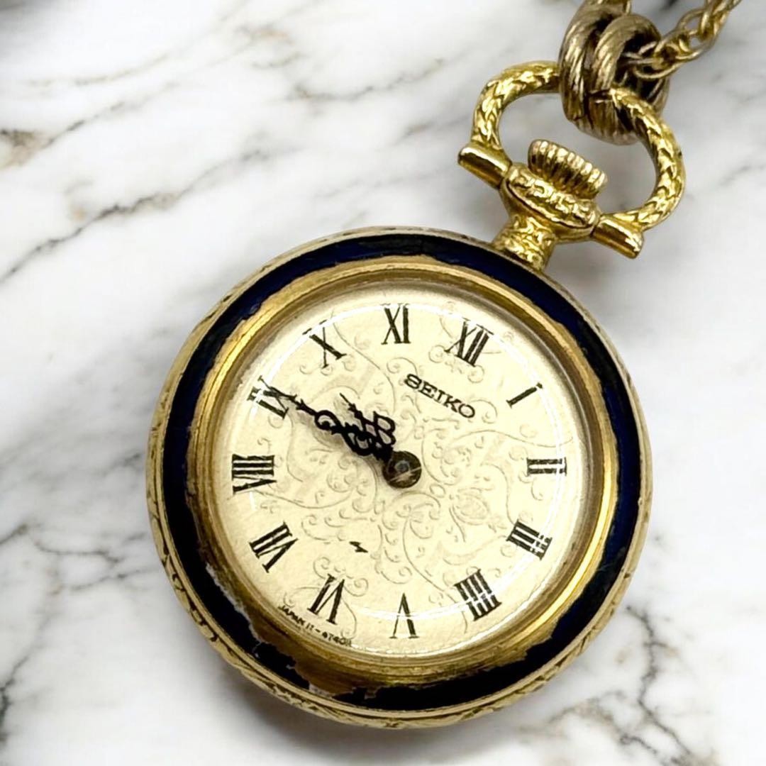 SEIKO Hand-wound Pocket Watch, Antique, Floral Pattern, Rare, Pendant Watch