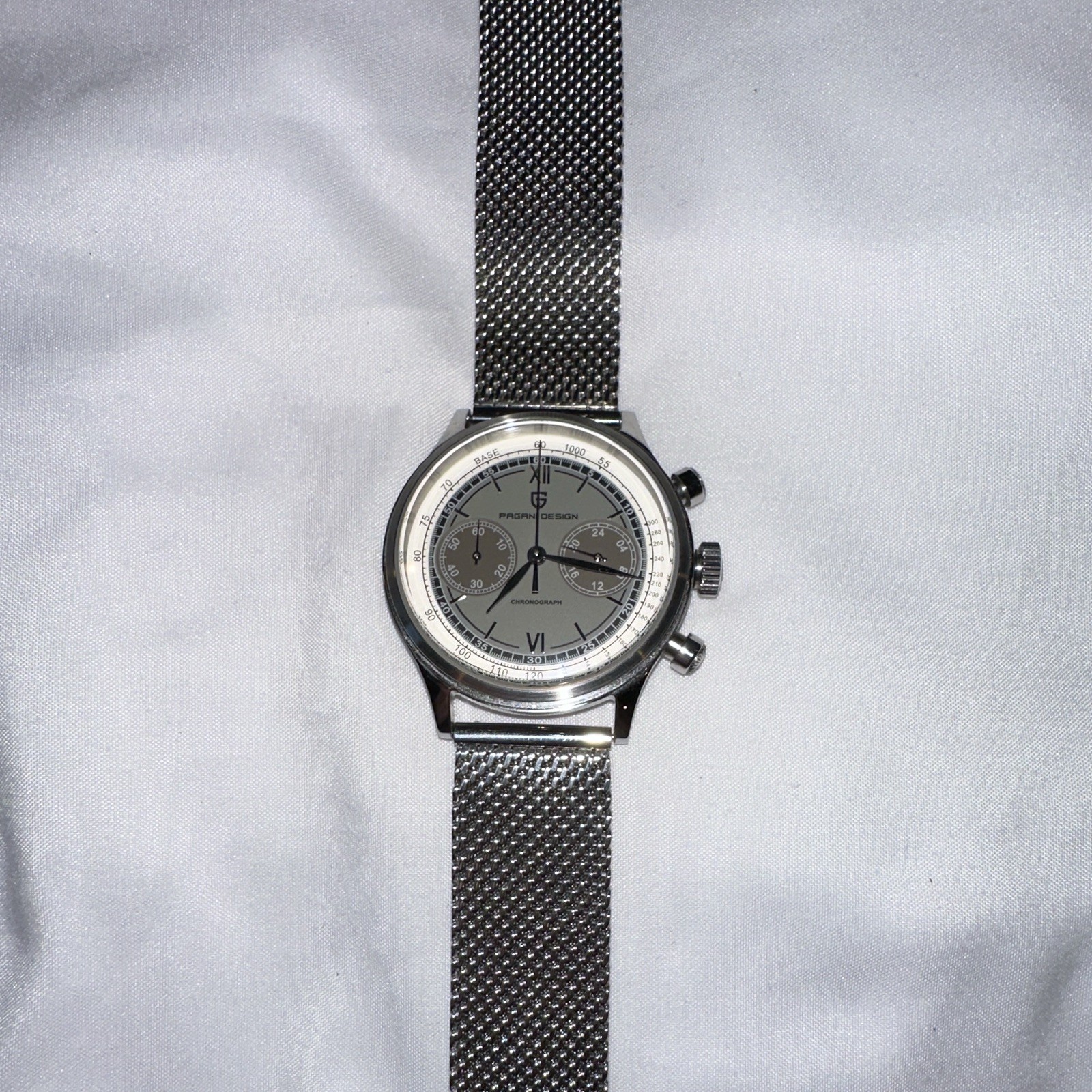 PAGANI DESIGN Quartz Chronograph Silver Dial Steel Mesh 100m WR 40-43.9mm