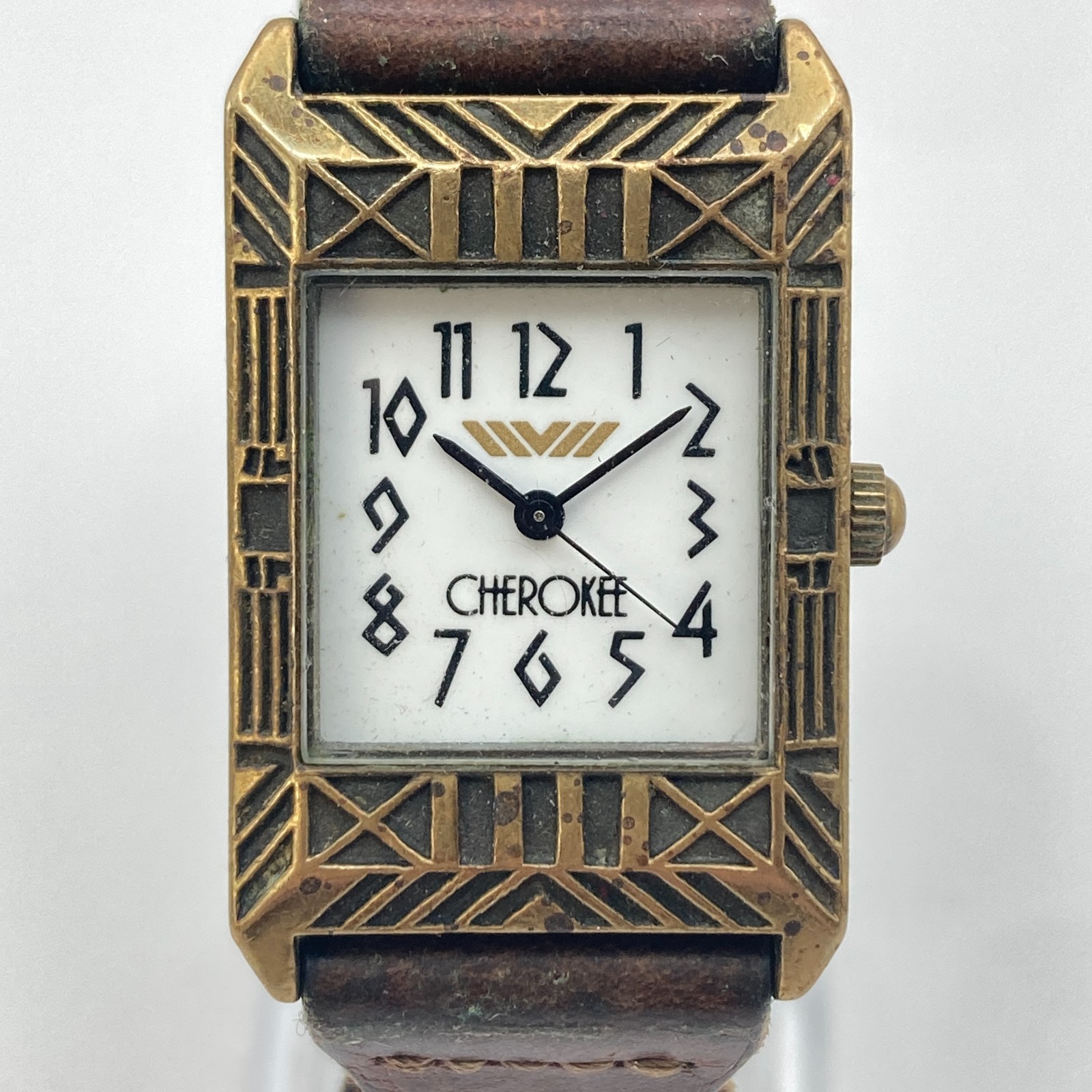 Vintage Cherokee Unisex Watch Brass Tone Leather Art Deco 23mm New Battery 9″