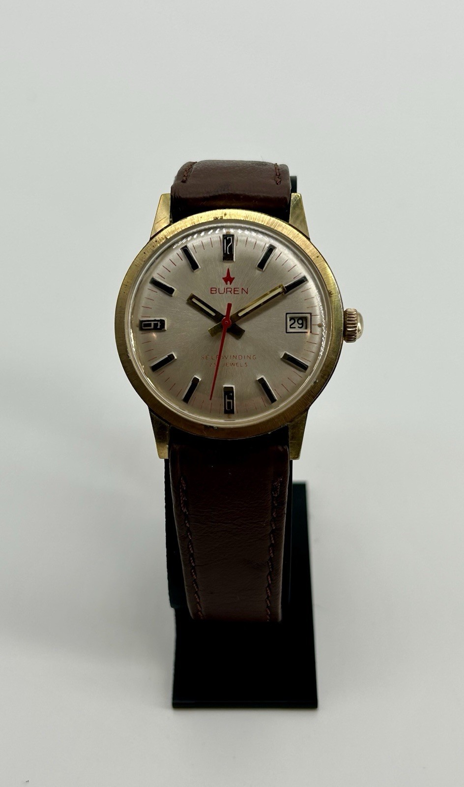 Vintage Buren Automatic 25 Jewel Date 34mm Swiss Gold Plated Original Dial Runs