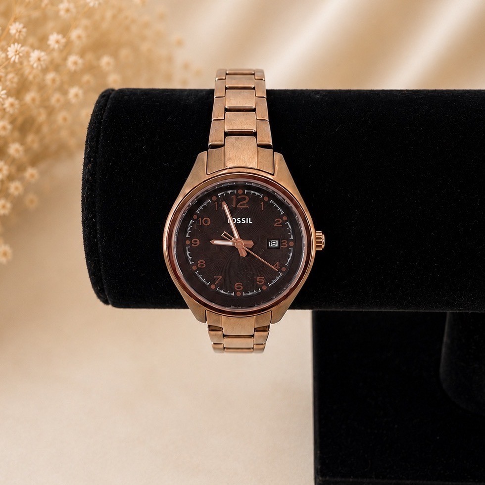Fossil Flight Mini Womens Watch Bronze Stainless Steel Brown Dial Date AM-4366