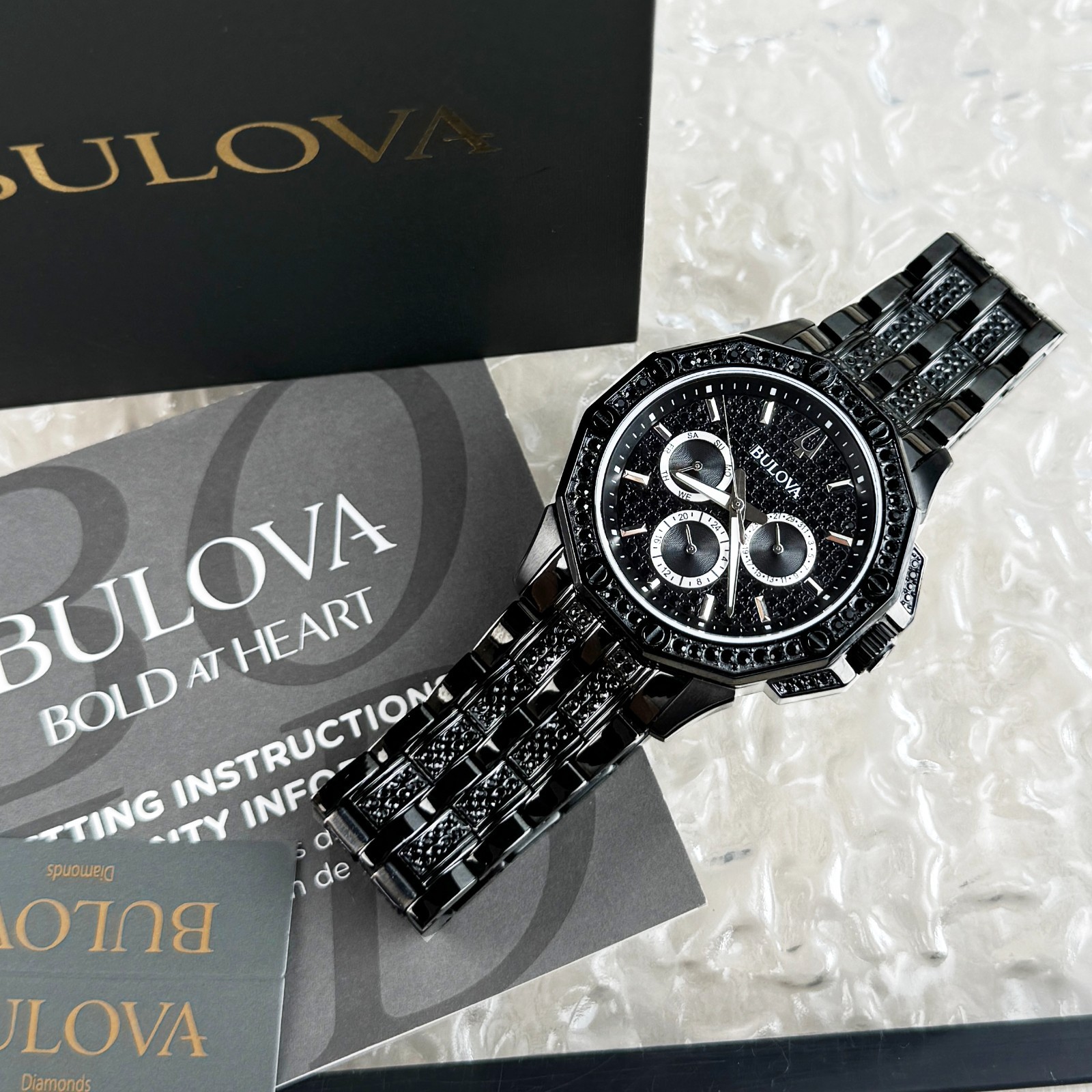 Bulova Octava Crystal Quartz Black Pave Dial Stainless Steel Men’s Watch 98C134