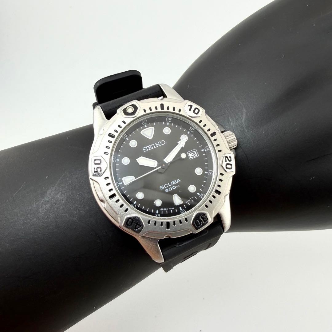 SEIKO 7N35-6A50 Scuba Diver Watch Date Silver BLue Used Japan New Battery Belt
