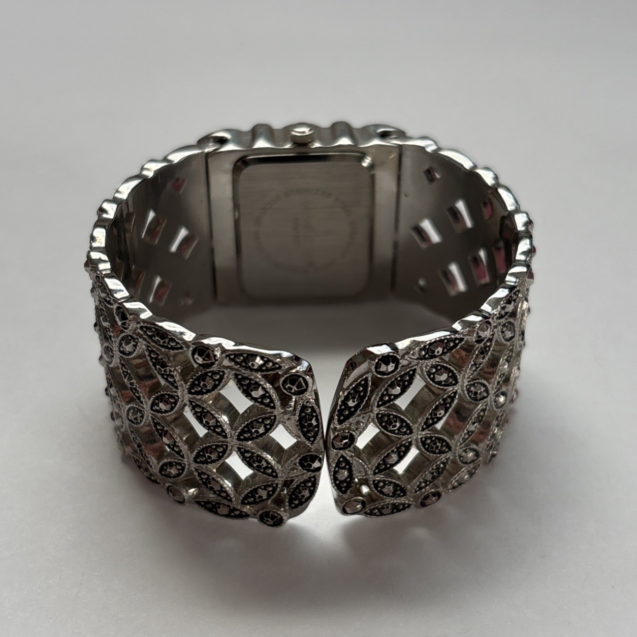 Massini Watch Women 29mm MOP Silver Tone Crystals Open Cuff Hinged Band