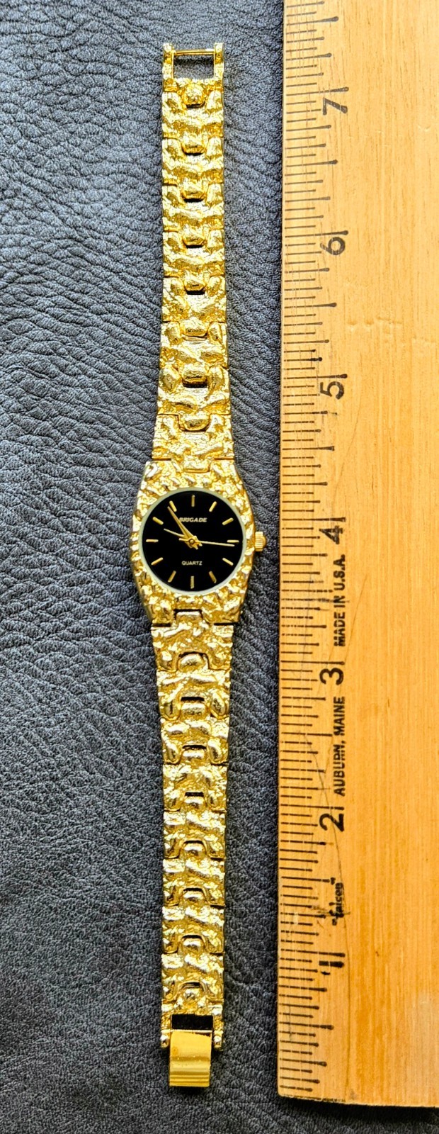 Brigade Gold Tone Nugget Quartz Watch Black Dial Textured Bracelet Retro