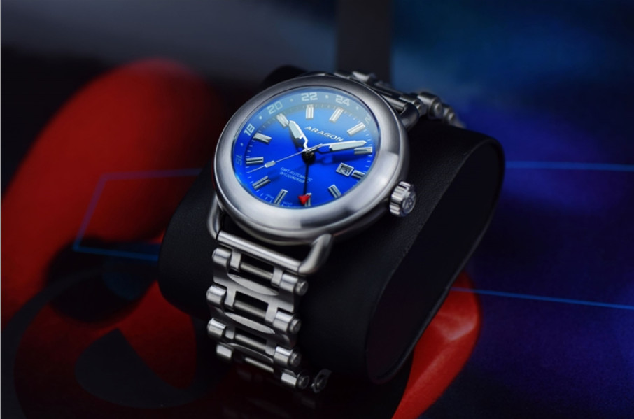 NEW! ARAGON Millipede SunRay Blue Dial GMT Automatic Mnmt Watch 24 HR Dial 44mm