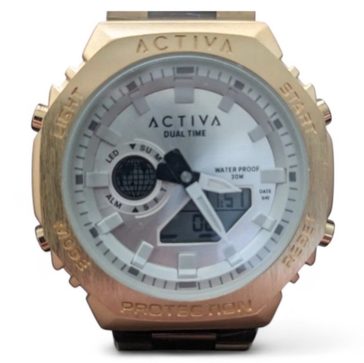 Activa Dual Time Analog-Digital Quartz Gold Tone Bracelet Watch 30m