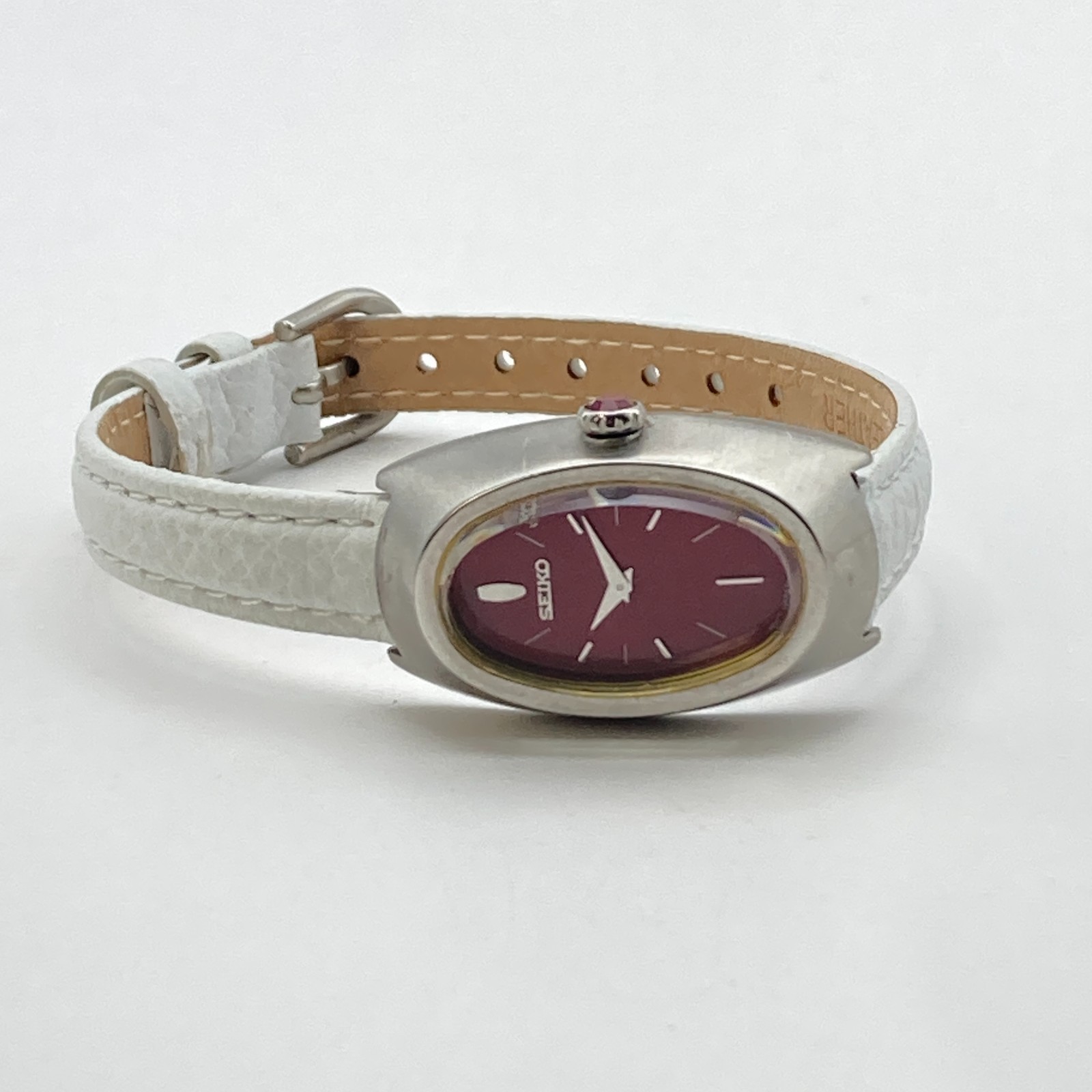 Vintage Seiko Women’s Watch READ Silver Tone 4N00-6989 Burgundy Dial New Battery