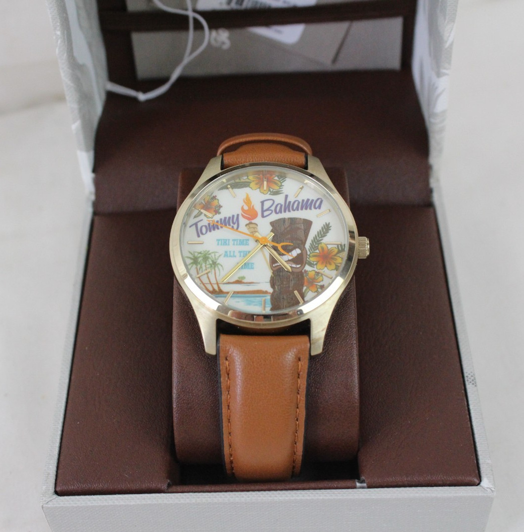 New Tommy Bahama Relax 279469tan B02-19 Tiki Watch w/ Original Box Leather Band