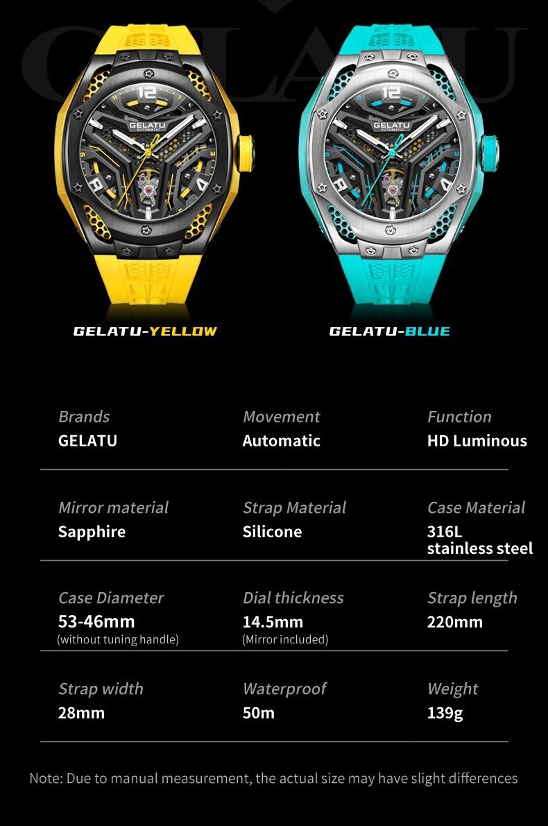 GELATU Men’s Skeleton Sport Automatic Mechanical Watch 5ATM Luminous Wristwatch
