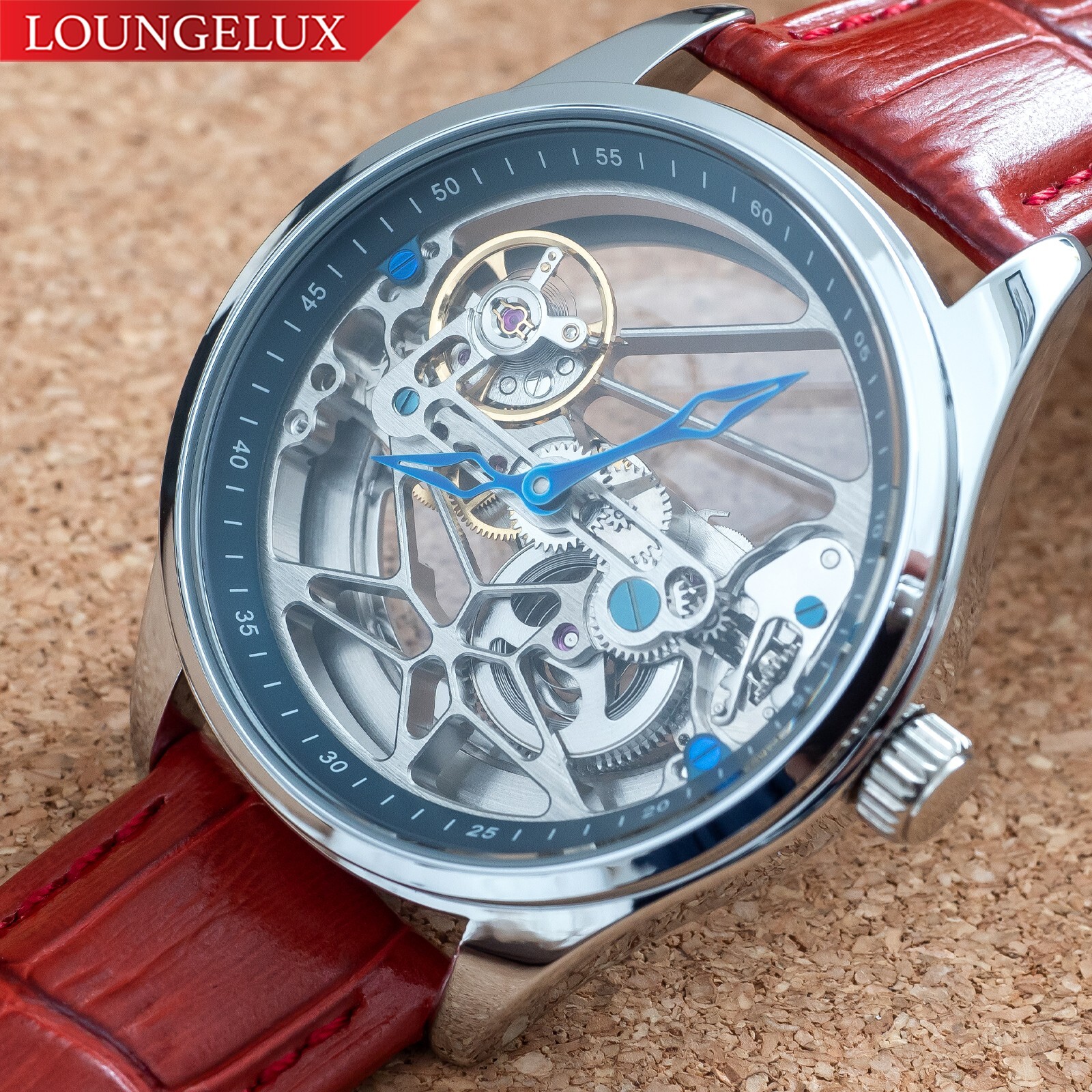 Mens Flywheel Bridge Movement Automatic Mechanical Watch Silver Red Leather Gift