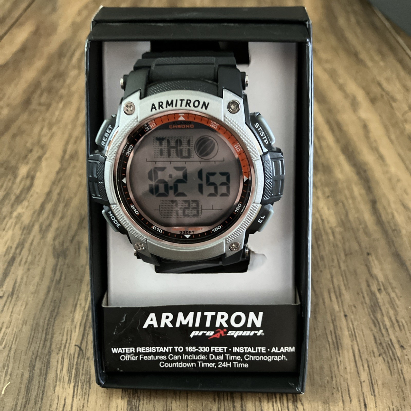 Armitron Pro Sport Digital Watch Black Gray Orange Chronograph Alarm New in Box