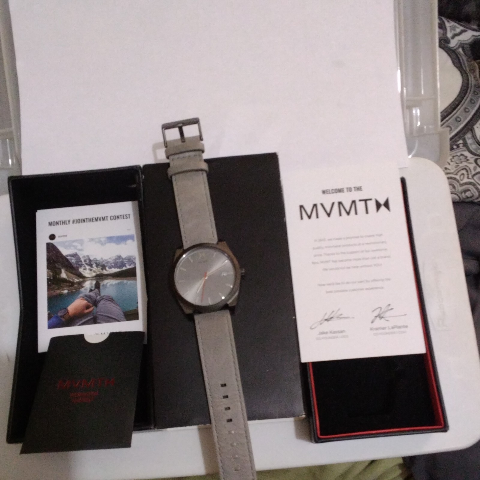 MVMT Men’s Quartz Wristwatch Gray Dial Black Case Gray Leather Strap Box/Papers