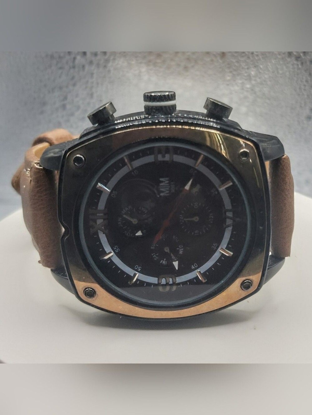 Men’s Square Chronograph Watch – Black Face, Brown Leather Strap