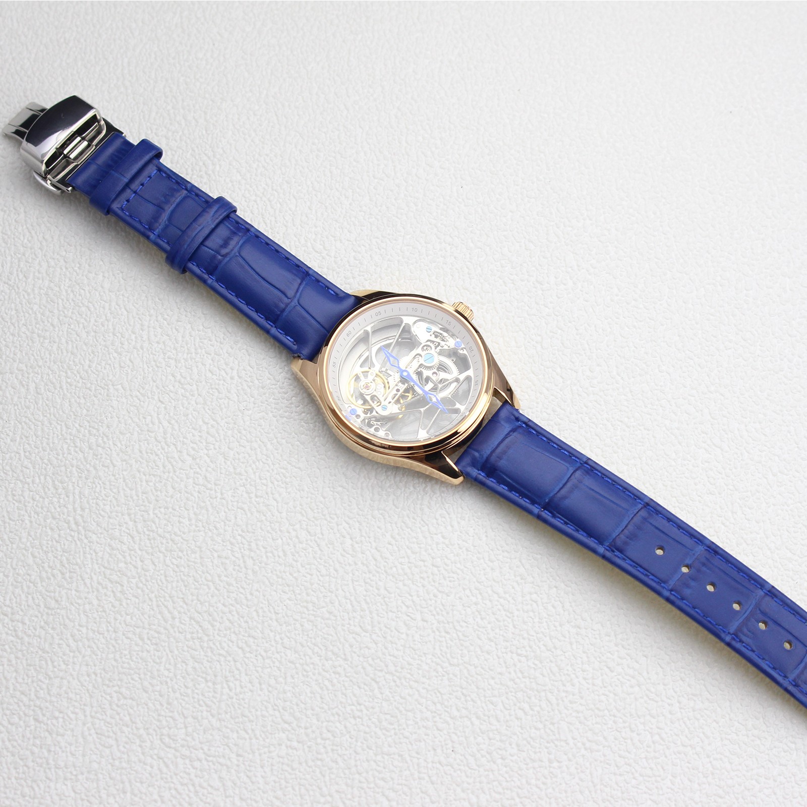 41mm Watch Skeleton Flywheel Bridge Movement Automatic Mechanical Blue