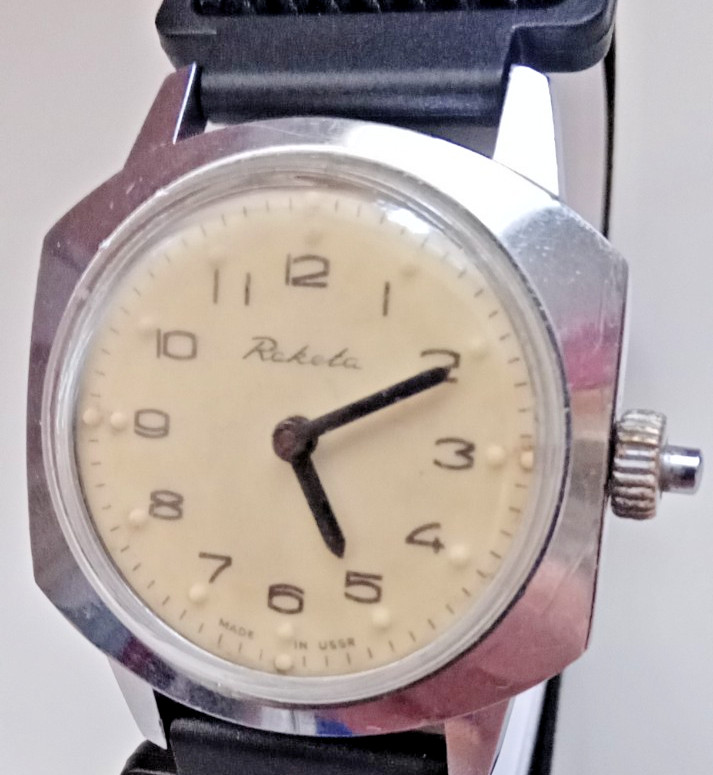 Vintage Soviet mechanical men’s Raketa watch for the blind. USSR. Running