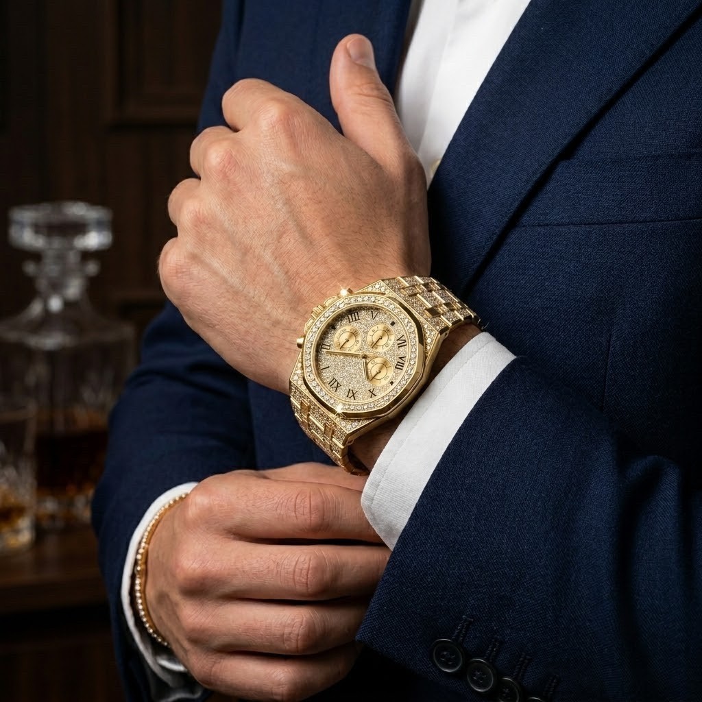 Luxury Gold Plated Triple Dial Quartz Watch with Rhinestones for Men
