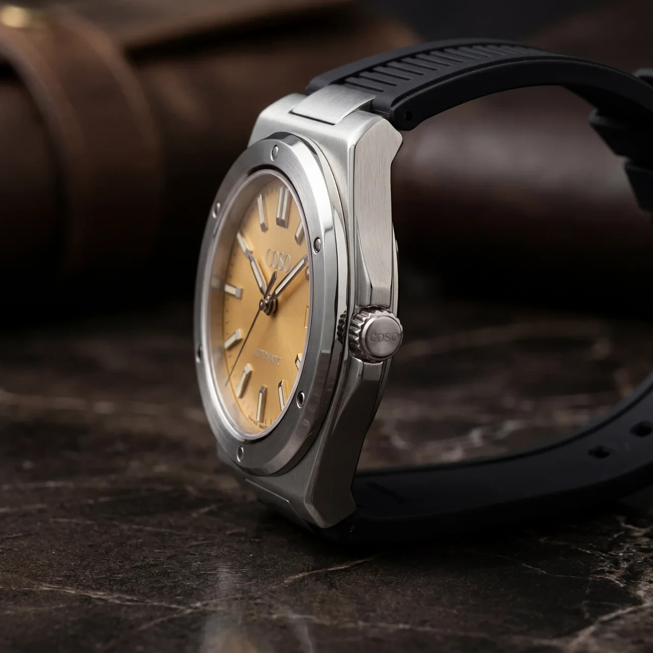 COSO Valtor Automatic Yellow Dial Steel Black Rubber Strap