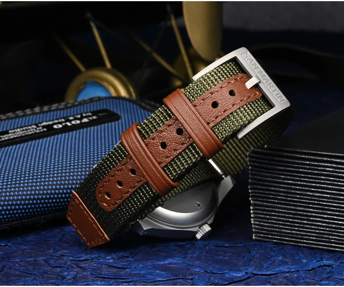 Classic 18mm San Martin Nylon / Leather One-Piece Military Watch Strap, New!
