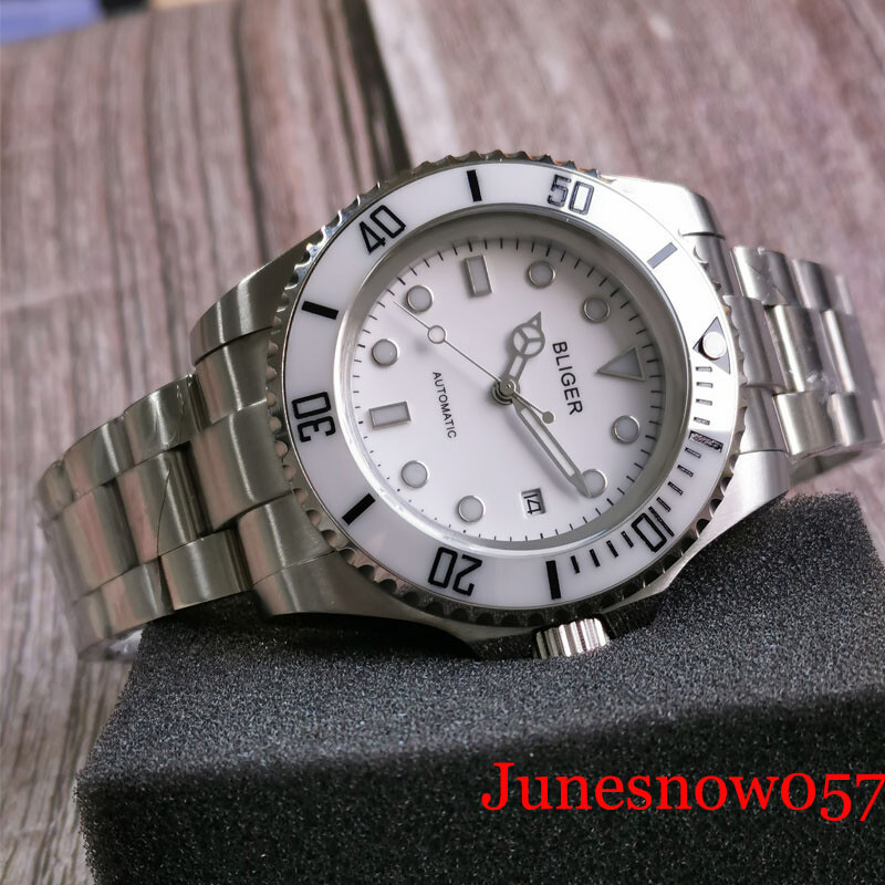BLIGER White Dial Big Automatic Men Watch Brushed Strap Screw Crown Luminous